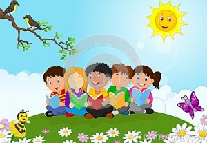 bande-dessine-heureuse-d-enfants-se-reposant-sur-l-herbe-tandis-que-livres-de-lecture-50763600